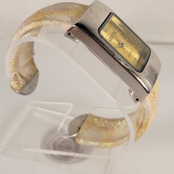 Geneva Silver Yellow Quartz Watch with Glittery Sparkle Cuff Bracelet Design - Picture 4 of 14